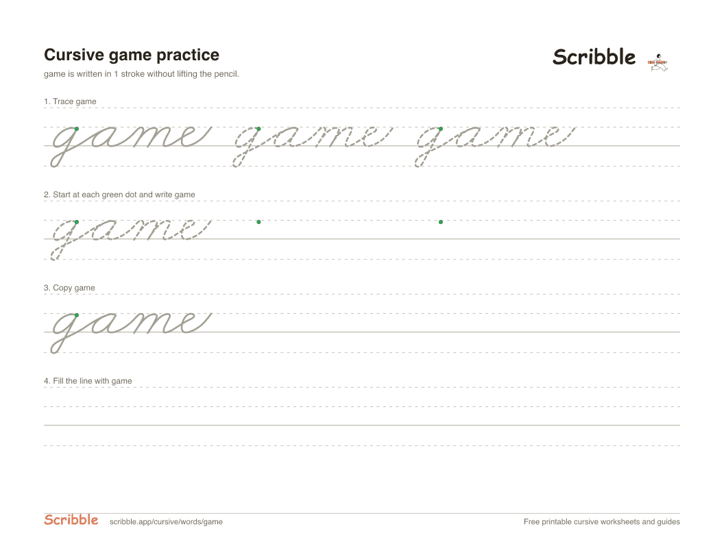 Preview of the printable game in cursive worksheet: trace, copy, and practice rows