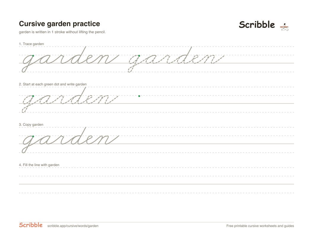 Preview of the printable garden in cursive worksheet: trace, copy, and practice rows