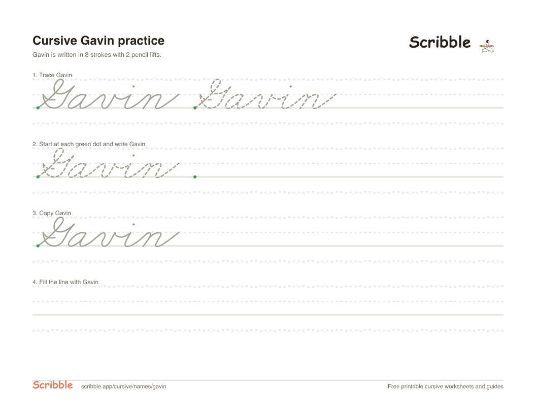 Preview of the printable Gavin in cursive worksheet: trace, copy, and practice rows