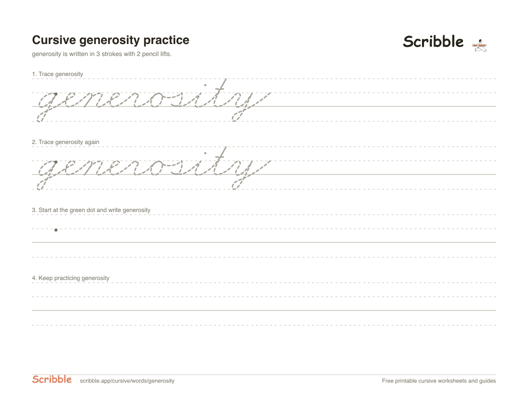 Preview of the printable generosity in cursive worksheet: trace, copy, and practice rows