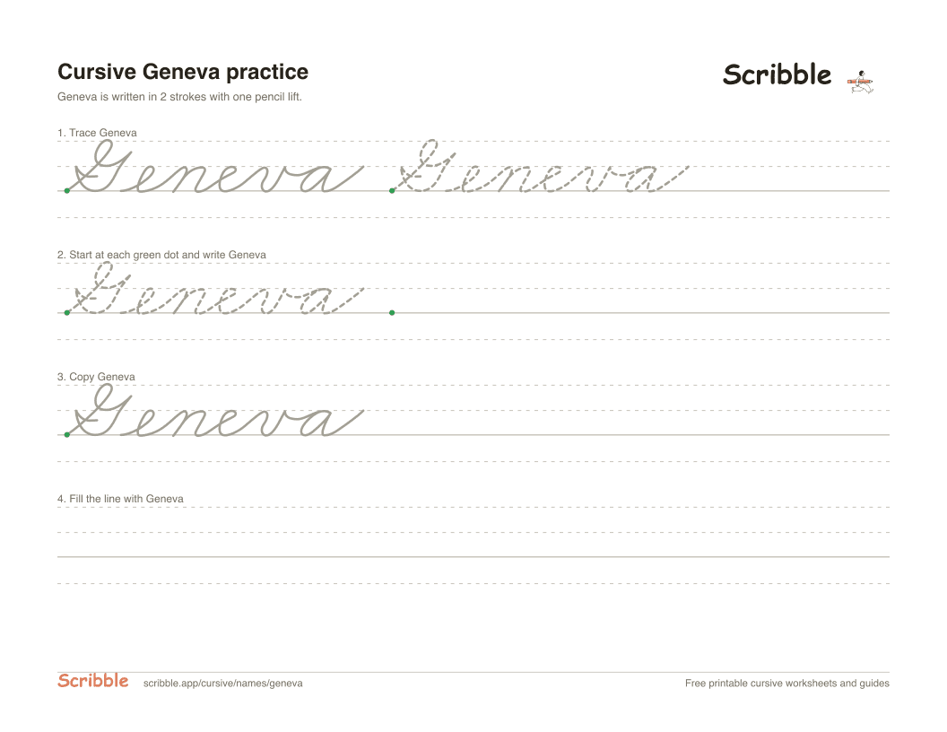 Preview of the printable Geneva in cursive worksheet: trace, copy, and practice rows