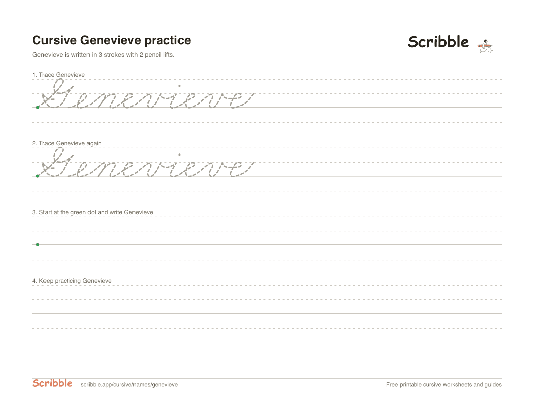 Preview of the printable Genevieve in cursive worksheet: trace, copy, and practice rows