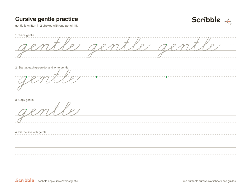 Preview of the printable gentle in cursive worksheet: trace, copy, and practice rows