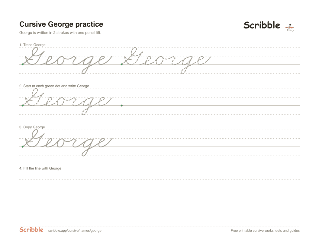 Preview of the printable George in cursive worksheet: trace, copy, and practice rows