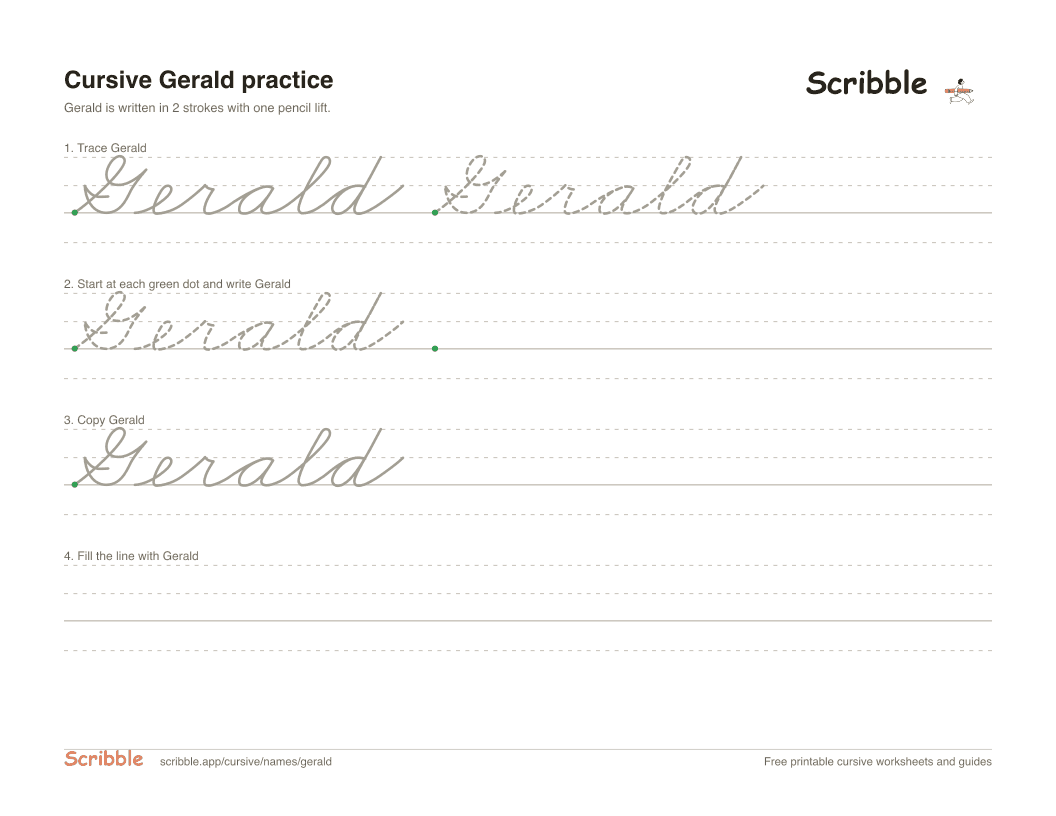 Preview of the printable Gerald in cursive worksheet: trace, copy, and practice rows