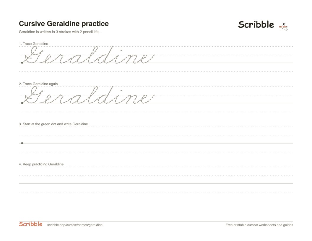 Preview of the printable Geraldine in cursive worksheet: trace, copy, and practice rows
