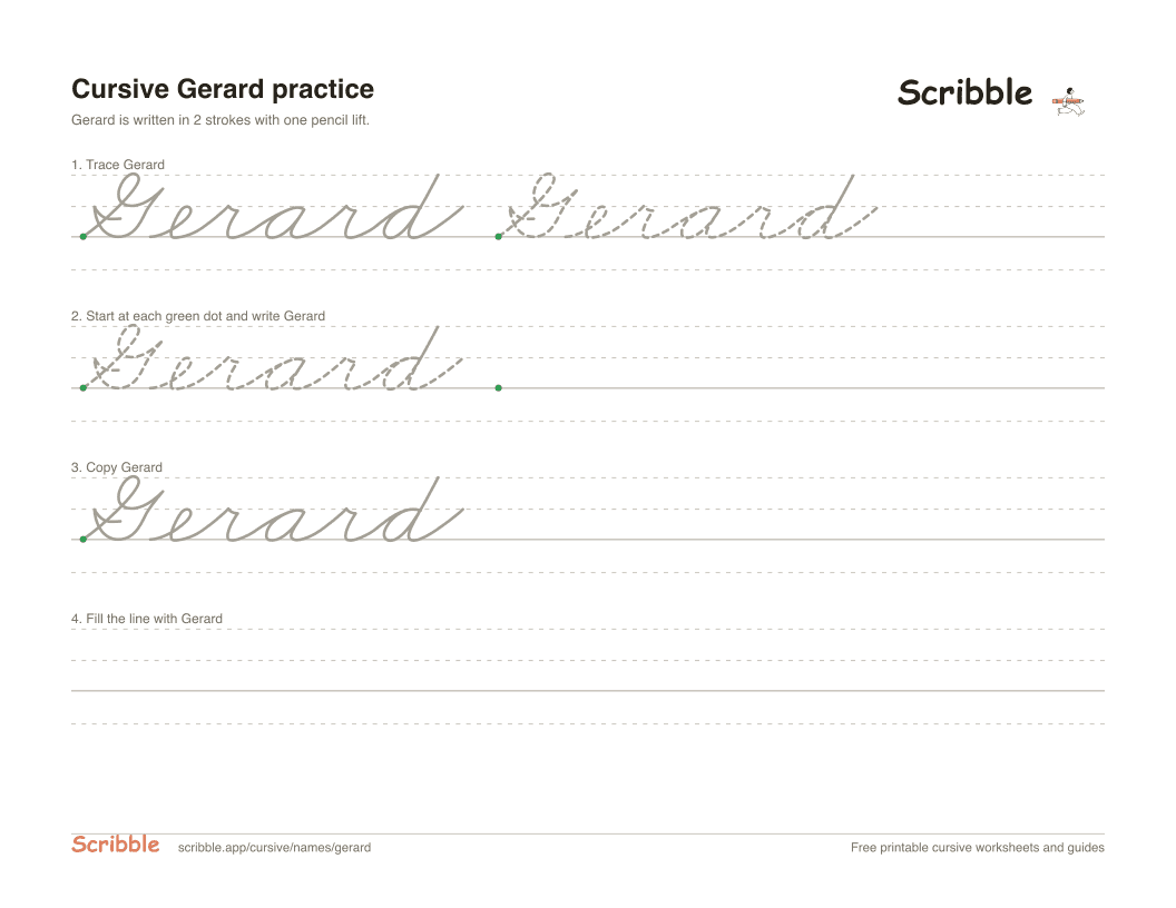 Preview of the printable Gerard in cursive worksheet: trace, copy, and practice rows