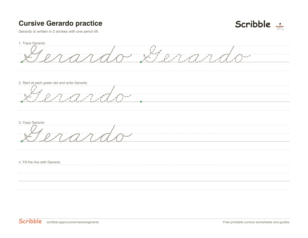 Preview of the printable Gerardo in cursive worksheet: trace, copy, and practice rows