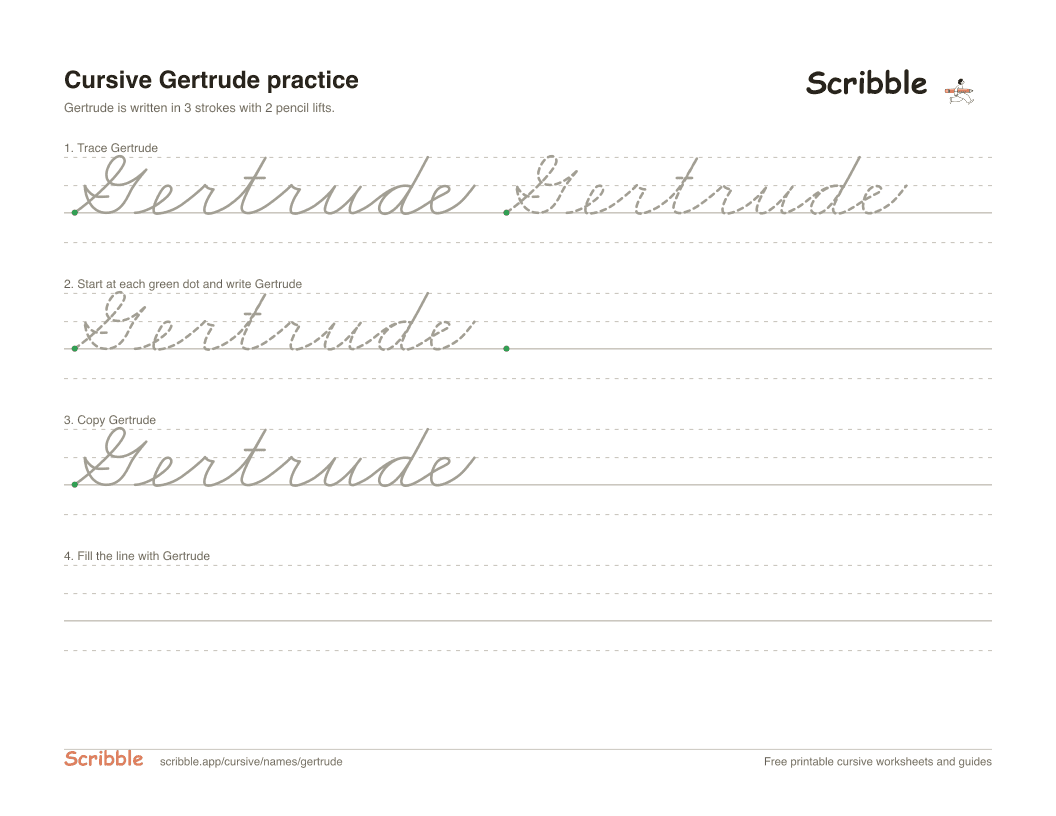 Preview of the printable Gertrude in cursive worksheet: trace, copy, and practice rows