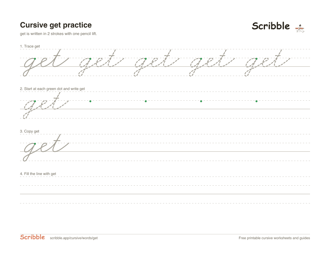 Preview of the printable get in cursive worksheet: trace, copy, and practice rows