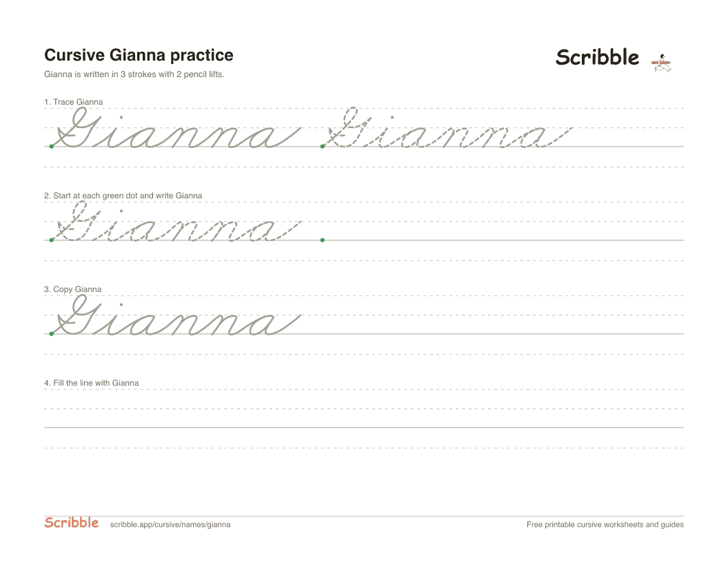 Preview of the printable Gianna in cursive worksheet: trace, copy, and practice rows