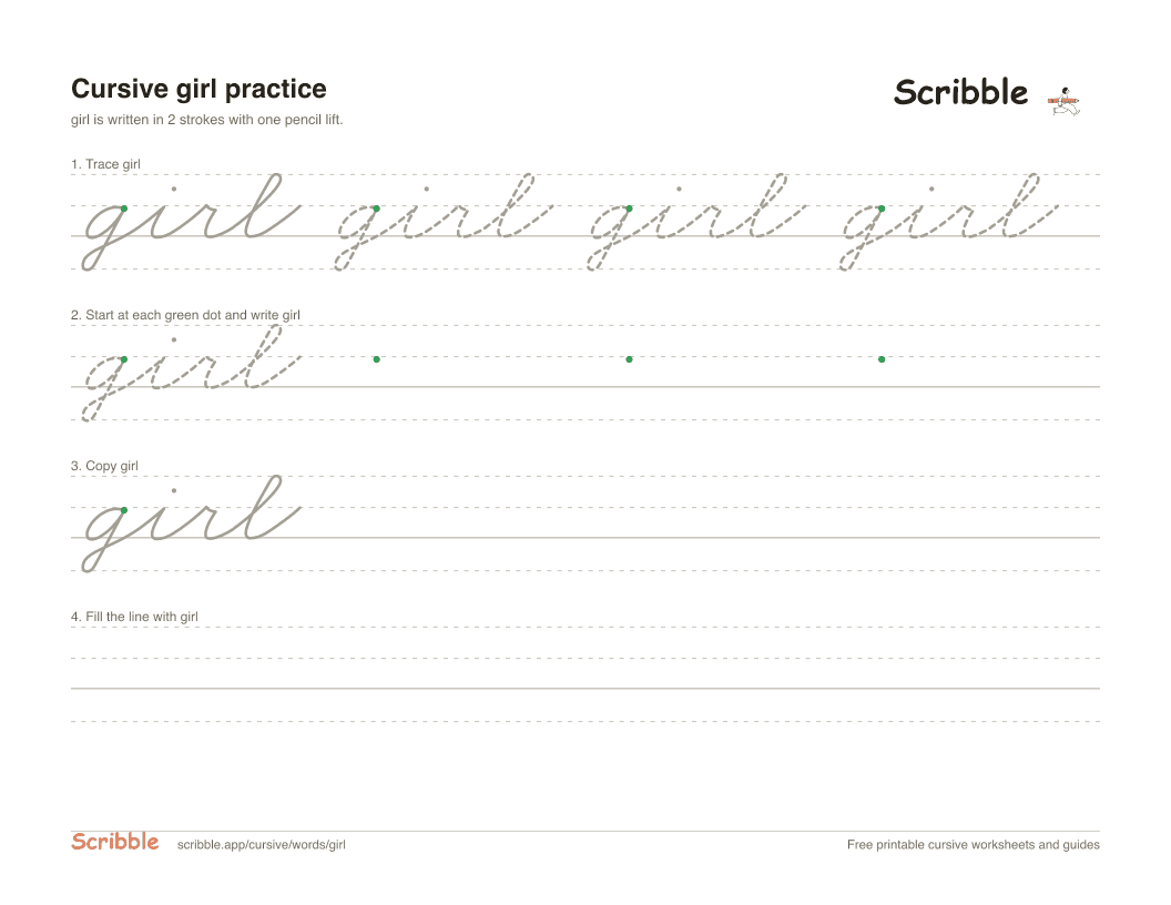 Preview of the printable girl in cursive worksheet: trace, copy, and practice rows