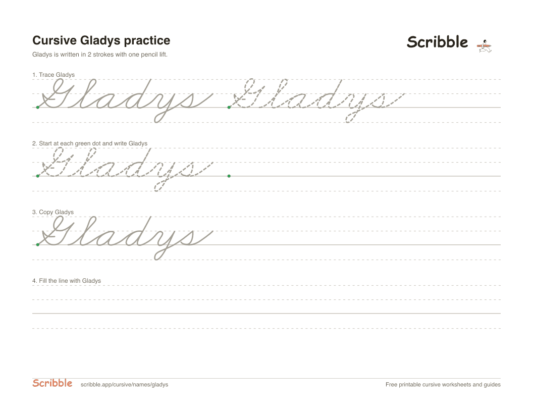 Preview of the printable Gladys in cursive worksheet: trace, copy, and practice rows