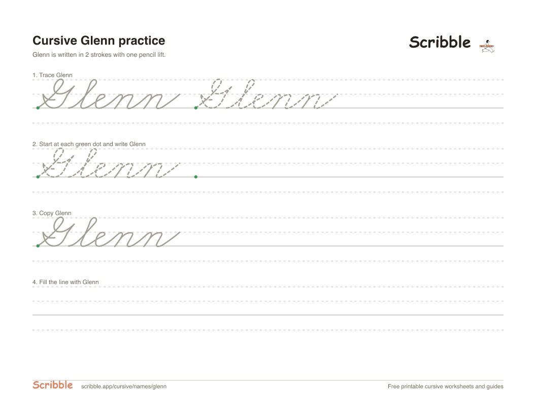 Preview of the printable Glenn in cursive worksheet: trace, copy, and practice rows