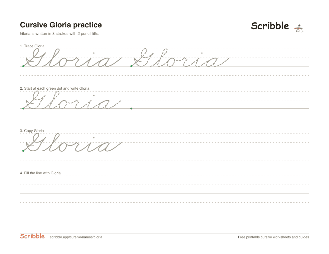 Preview of the printable Gloria in cursive worksheet: trace, copy, and practice rows