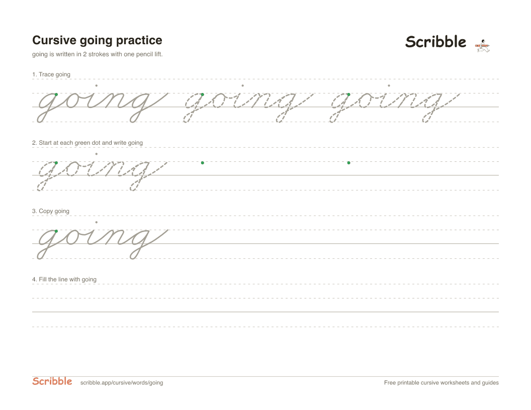 Preview of the printable going in cursive worksheet: trace, copy, and practice rows