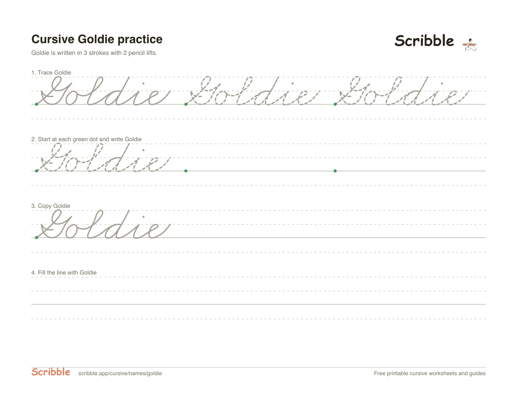 Preview of the printable Goldie in cursive worksheet: trace, copy, and practice rows