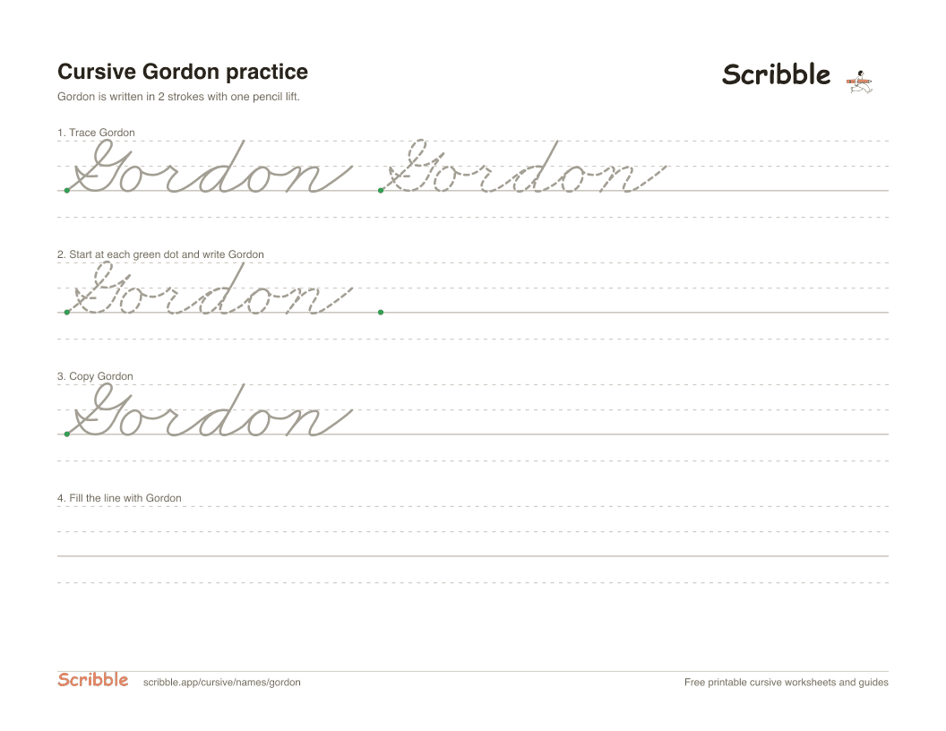 Preview of the printable Gordon in cursive worksheet: trace, copy, and practice rows