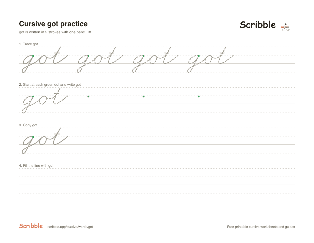 Preview of the printable got in cursive worksheet: trace, copy, and practice rows