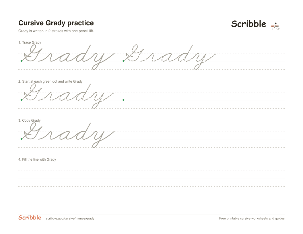 Preview of the printable Grady in cursive worksheet: trace, copy, and practice rows