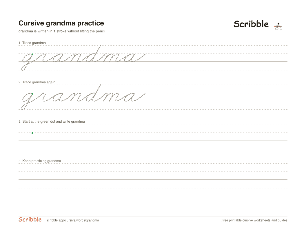 Preview of the printable grandma in cursive worksheet: trace, copy, and practice rows