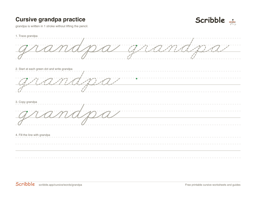 Preview of the printable grandpa in cursive worksheet: trace, copy, and practice rows