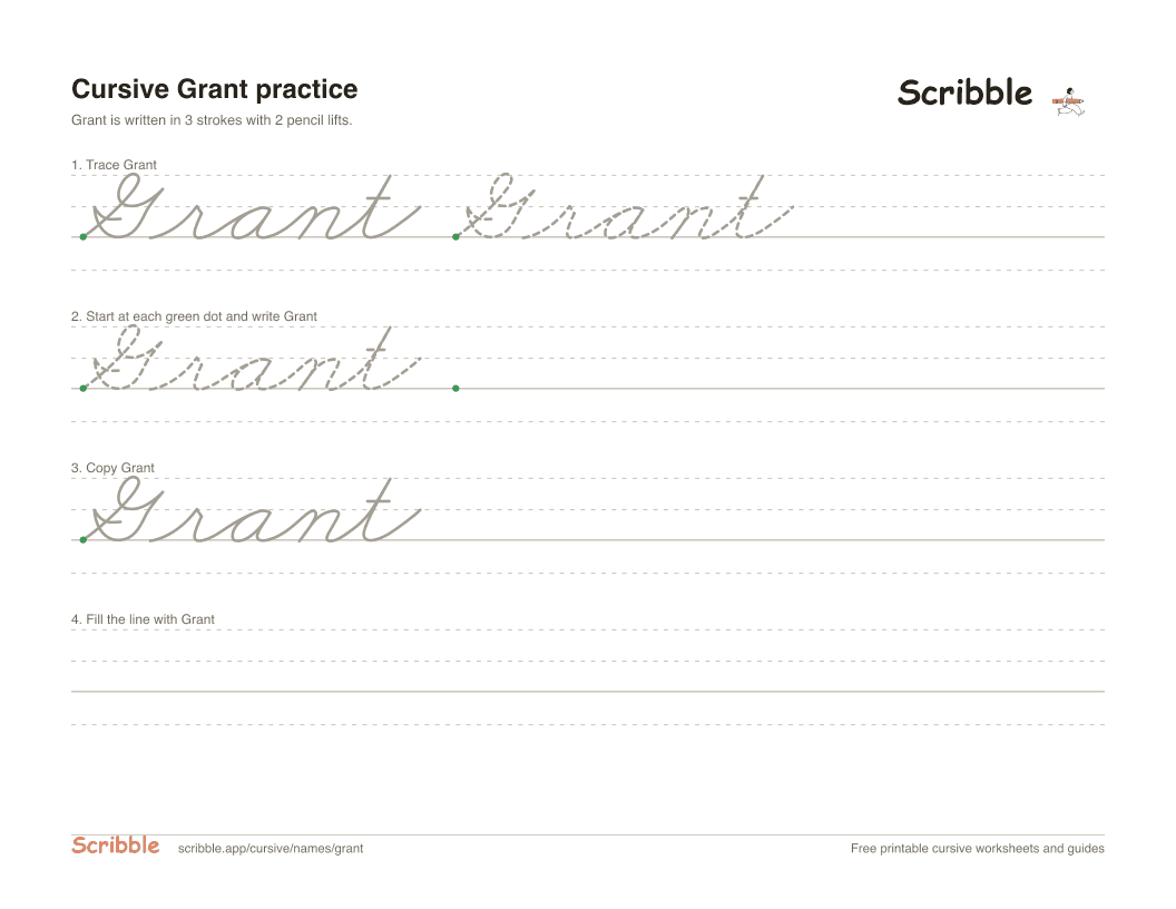 Preview of the printable Grant in cursive worksheet: trace, copy, and practice rows