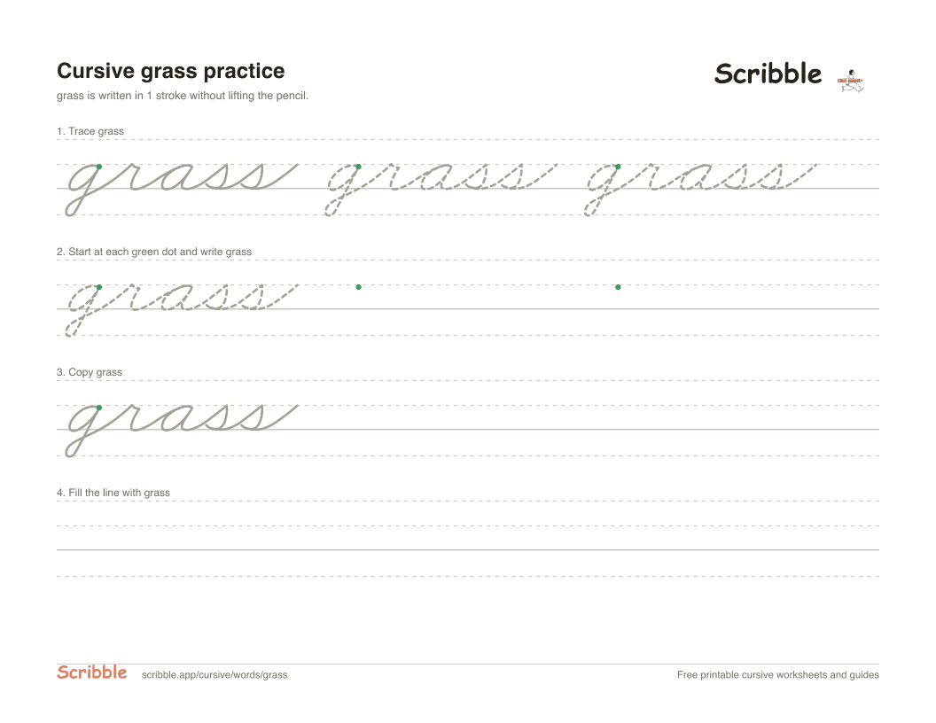 Preview of the printable grass in cursive worksheet: trace, copy, and practice rows