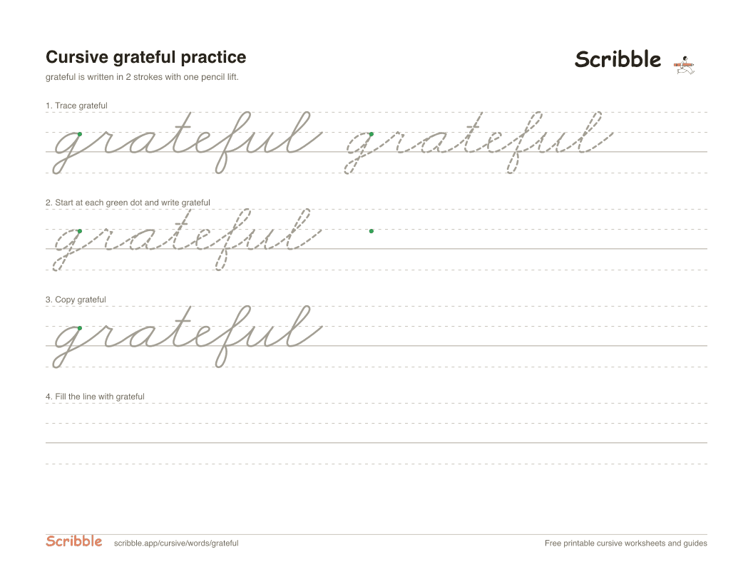 Preview of the printable grateful in cursive worksheet: trace, copy, and practice rows