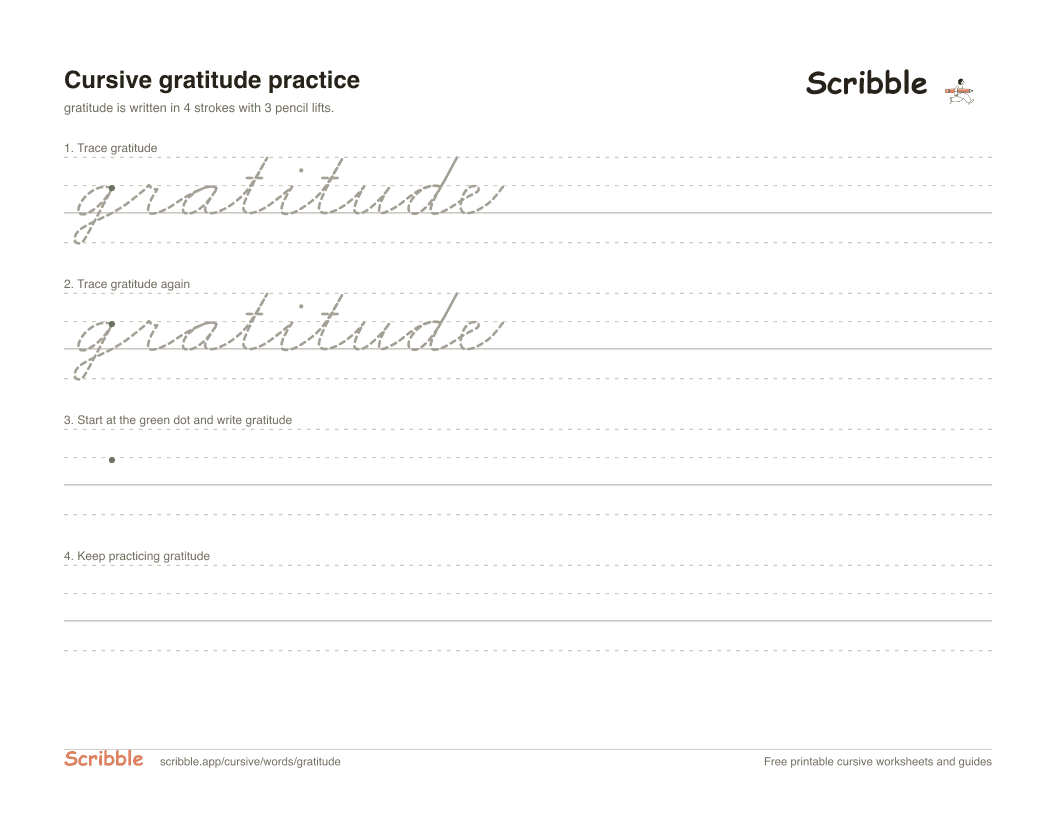 Preview of the printable gratitude in cursive worksheet: trace, copy, and practice rows