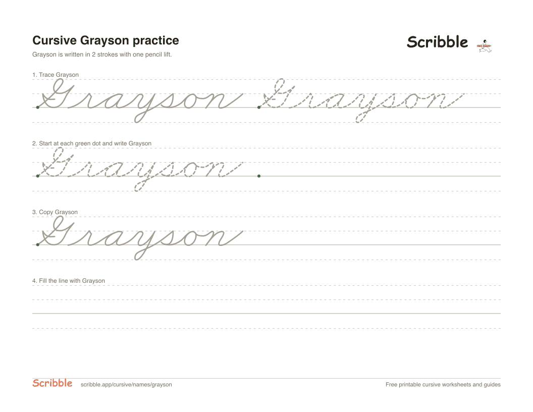 Preview of the printable Grayson in cursive worksheet: trace, copy, and practice rows