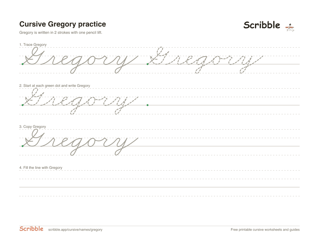 Preview of the printable Gregory in cursive worksheet: trace, copy, and practice rows