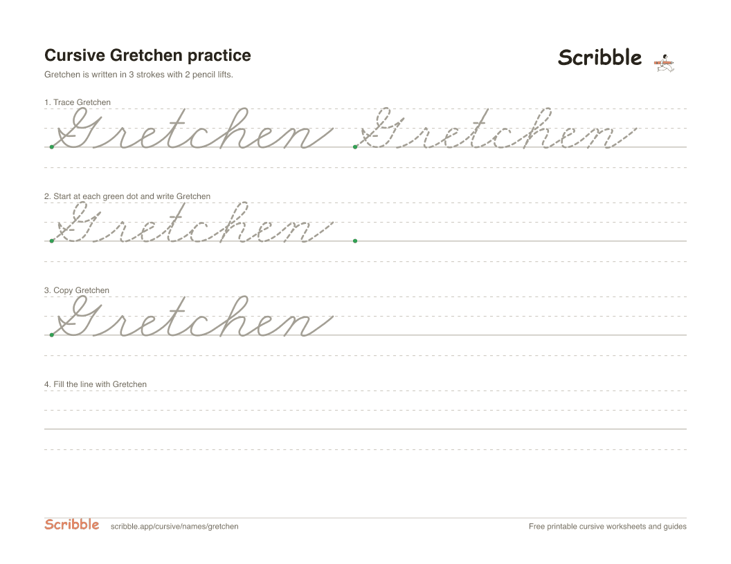 Preview of the printable Gretchen in cursive worksheet: trace, copy, and practice rows