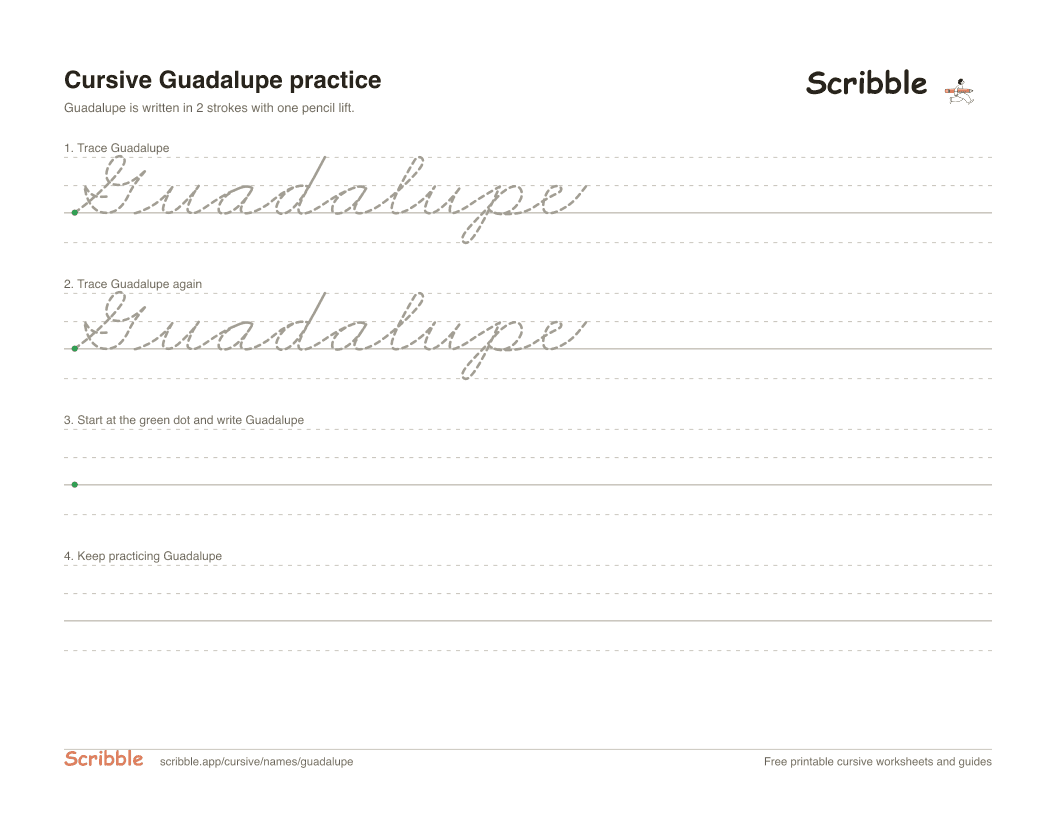 Preview of the printable Guadalupe in cursive worksheet: trace, copy, and practice rows