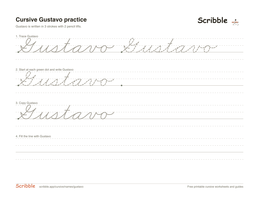 Preview of the printable Gustavo in cursive worksheet: trace, copy, and practice rows
