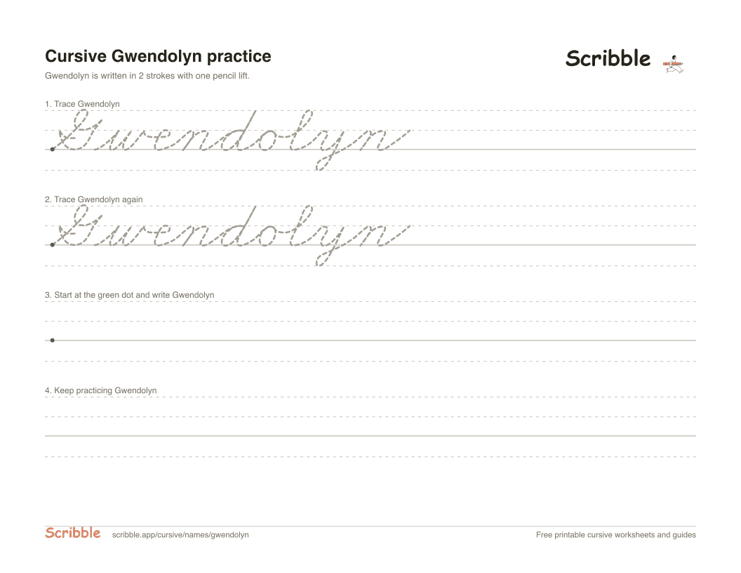 Preview of the printable Gwendolyn in cursive worksheet: trace, copy, and practice rows