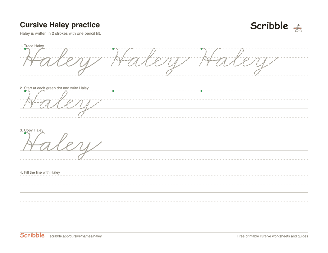 Preview of the printable Haley in cursive worksheet: trace, copy, and practice rows