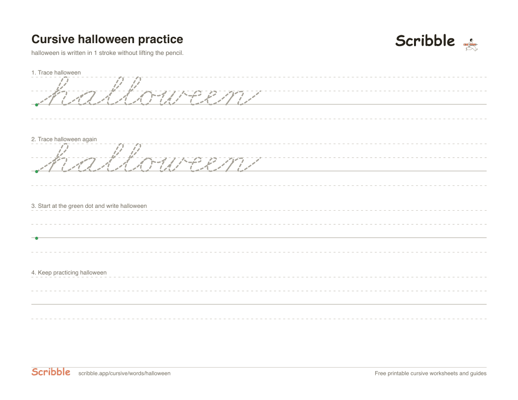 Preview of the printable halloween in cursive worksheet: trace, copy, and practice rows