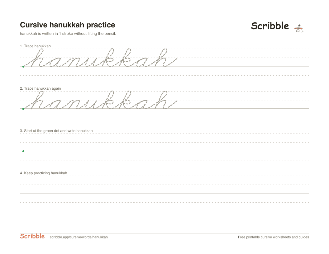 Preview of the printable hanukkah in cursive worksheet: trace, copy, and practice rows