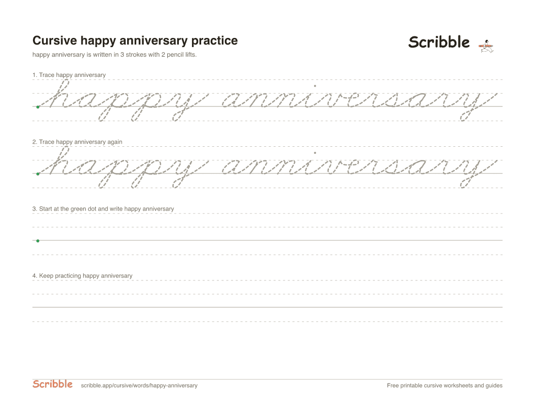 Preview of the printable happy anniversary in cursive worksheet: trace, copy, and practice rows