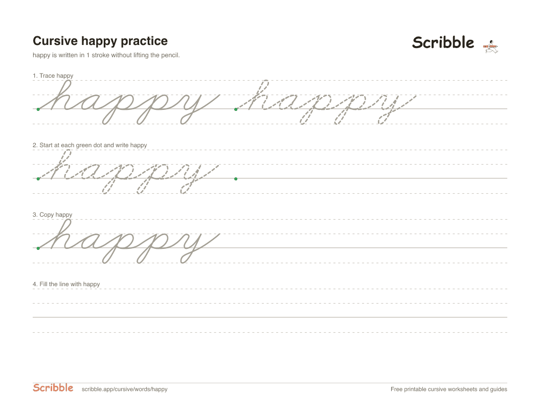Preview of the printable happy in cursive worksheet: trace, copy, and practice rows