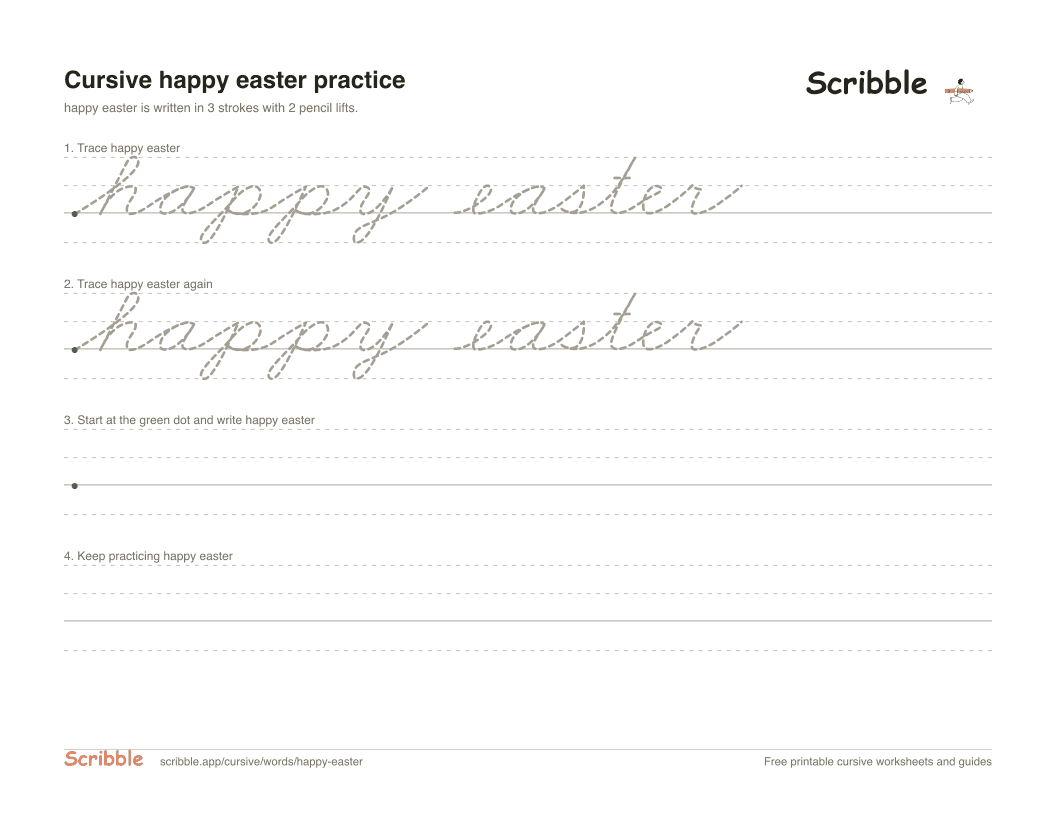 Preview of the printable happy easter in cursive worksheet: trace, copy, and practice rows