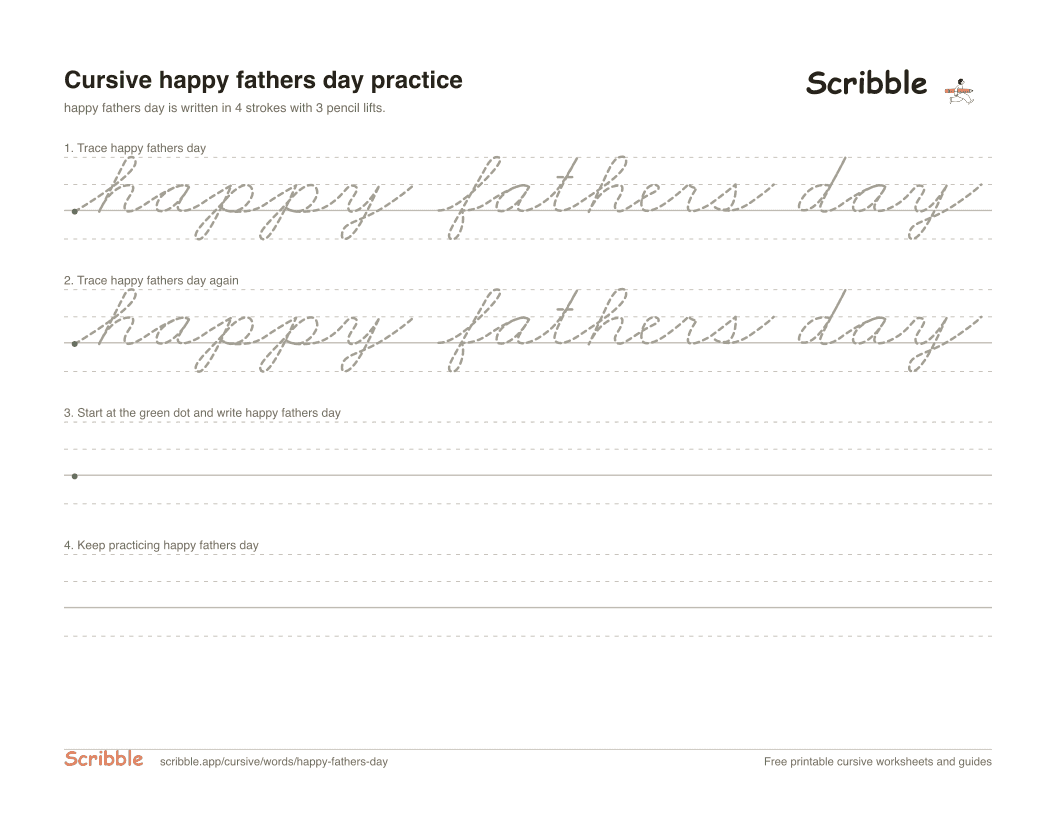 Preview of the printable happy fathers day in cursive worksheet: trace, copy, and practice rows