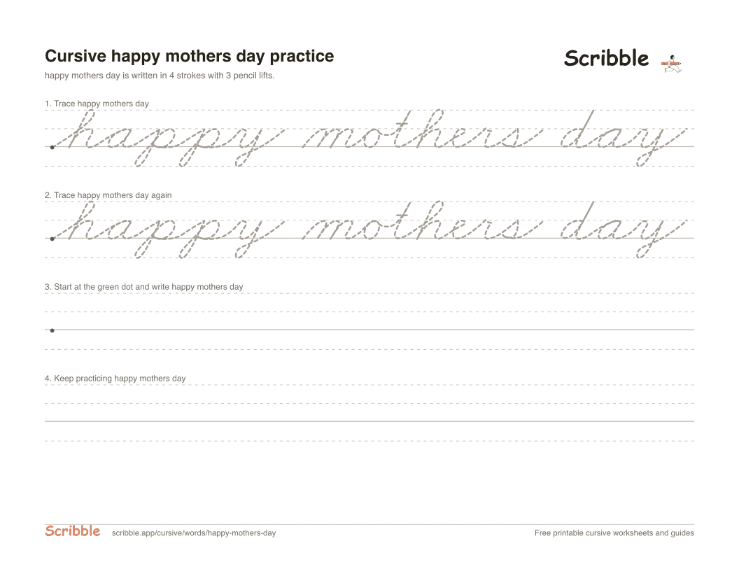 Preview of the printable happy mothers day in cursive worksheet: trace, copy, and practice rows