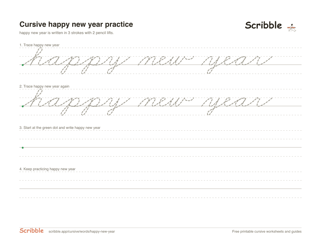 Preview of the printable happy new year in cursive worksheet: trace, copy, and practice rows