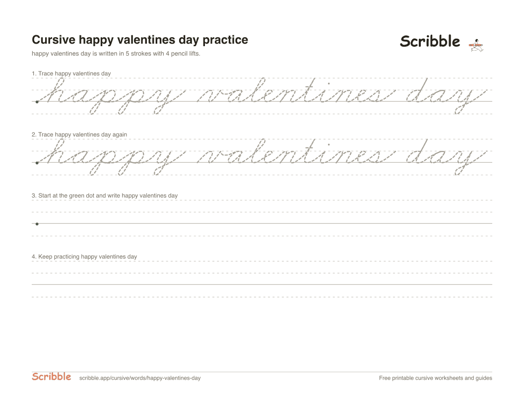 Preview of the printable happy valentines day in cursive worksheet: trace, copy, and practice rows