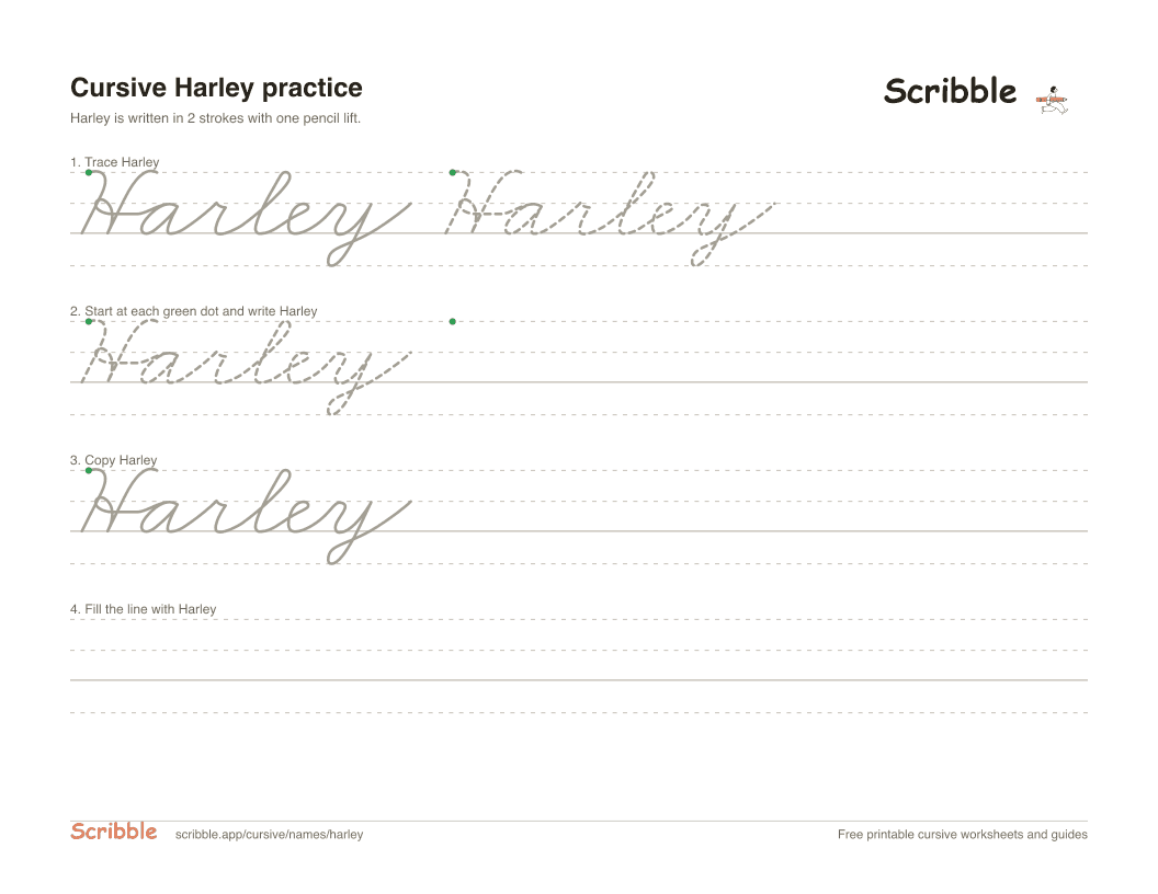 Preview of the printable Harley in cursive worksheet: trace, copy, and practice rows