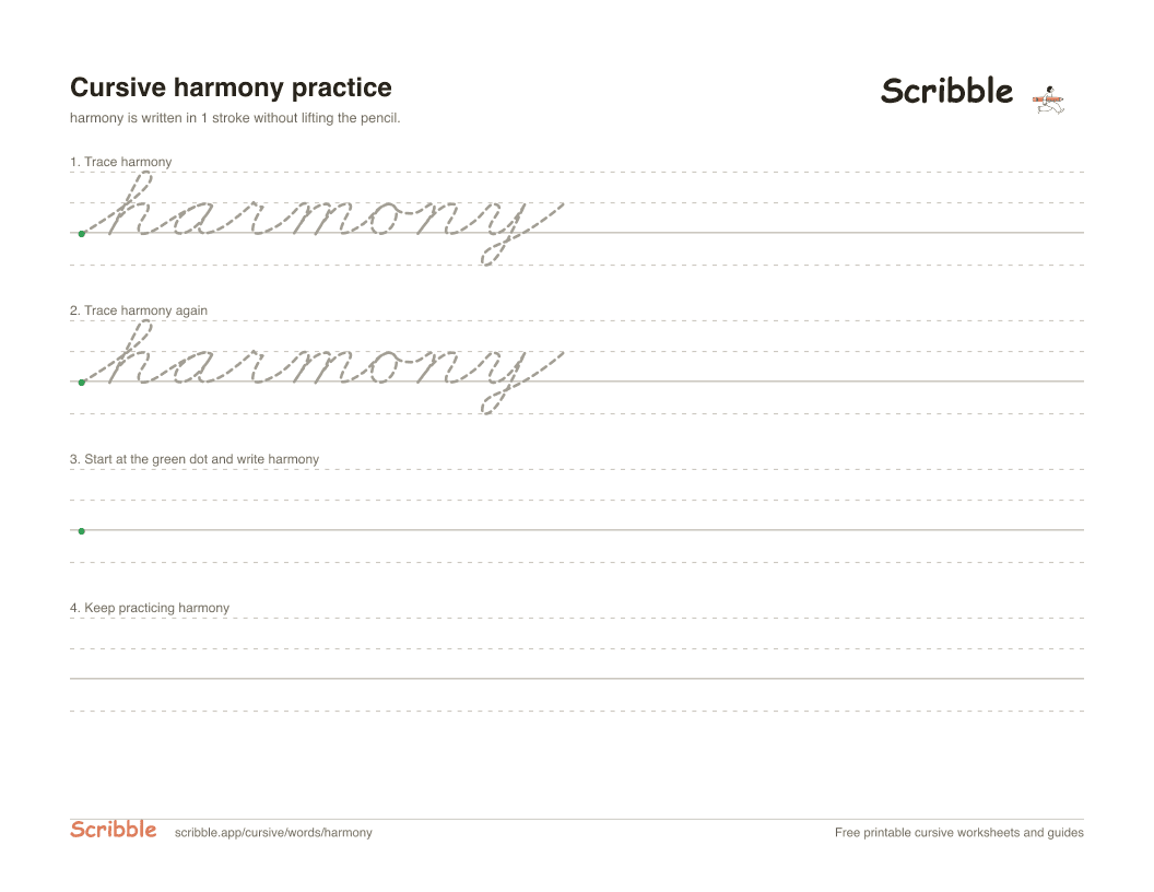 Preview of the printable harmony in cursive worksheet: trace, copy, and practice rows