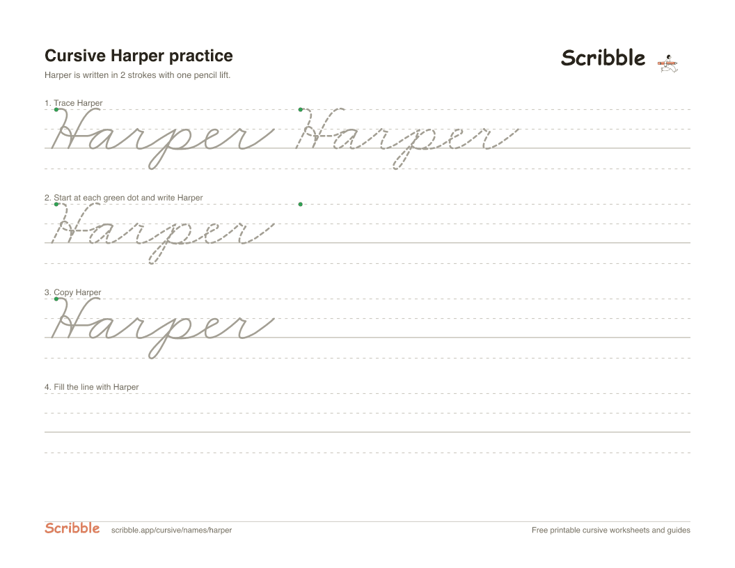 Preview of the printable Harper in cursive worksheet: trace, copy, and practice rows