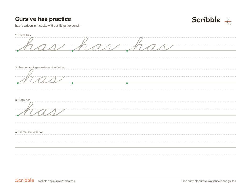 Preview of the printable has in cursive worksheet: trace, copy, and practice rows
